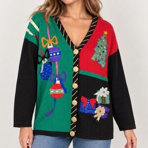 Vintage 90s Work in Progress Gladys Bagley Ugly Christmas Cardigan M Appliqué